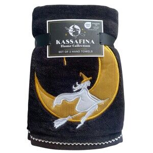 Kassafina Witch on Moon Embroidered Hand Towels Set of 2 Black Gold Halloween